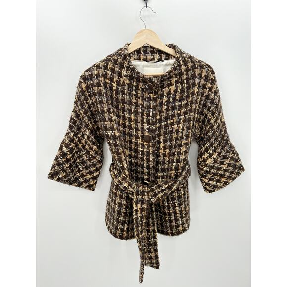 Kate Spade Womens Brown Tweed Annie 3/4 Sleeve Jacket Coat Wool Belt Size XS/S - Picture 1 of 10